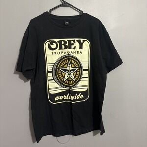 Obey Propaganda World Wide T Shirt Large Black 100% Cotton Graphics Short Sleeve